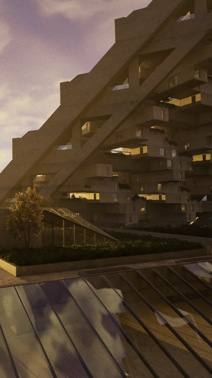 Modern building structure viewed during sunset in urban setting with greenery
