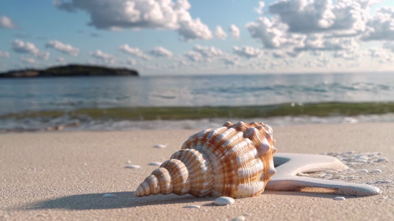 Close-up video of a seashell on sandy beach, captured at a low angle
