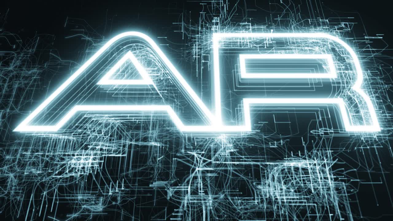 Animation of AR, augumented reality, text with circuit board-like  lightning animated and the camera below moving and looking up