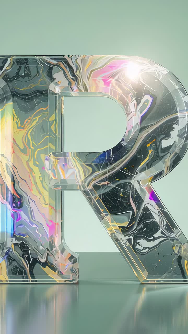 Vertical video: Moving light flare accentuating marbling of 3D R in green studio, reflective base