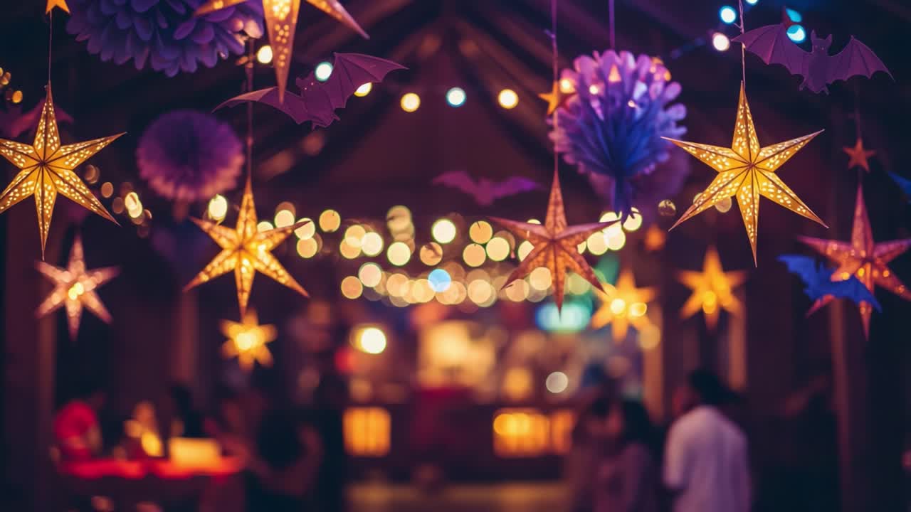 A Spectacular Display of Colorful Stars and Decorations Creating a Magical Ambiance in a Festively Lit Venue Perfect for Celebrations