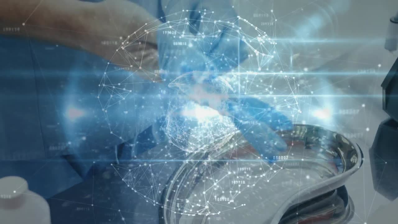 수술실에서 외과의사에 대한 연결 네트워크와 함께 지구의 애니메이션