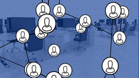 animación de iconos conectados con líneas a través del lugar de trabajo digital en la oficina
