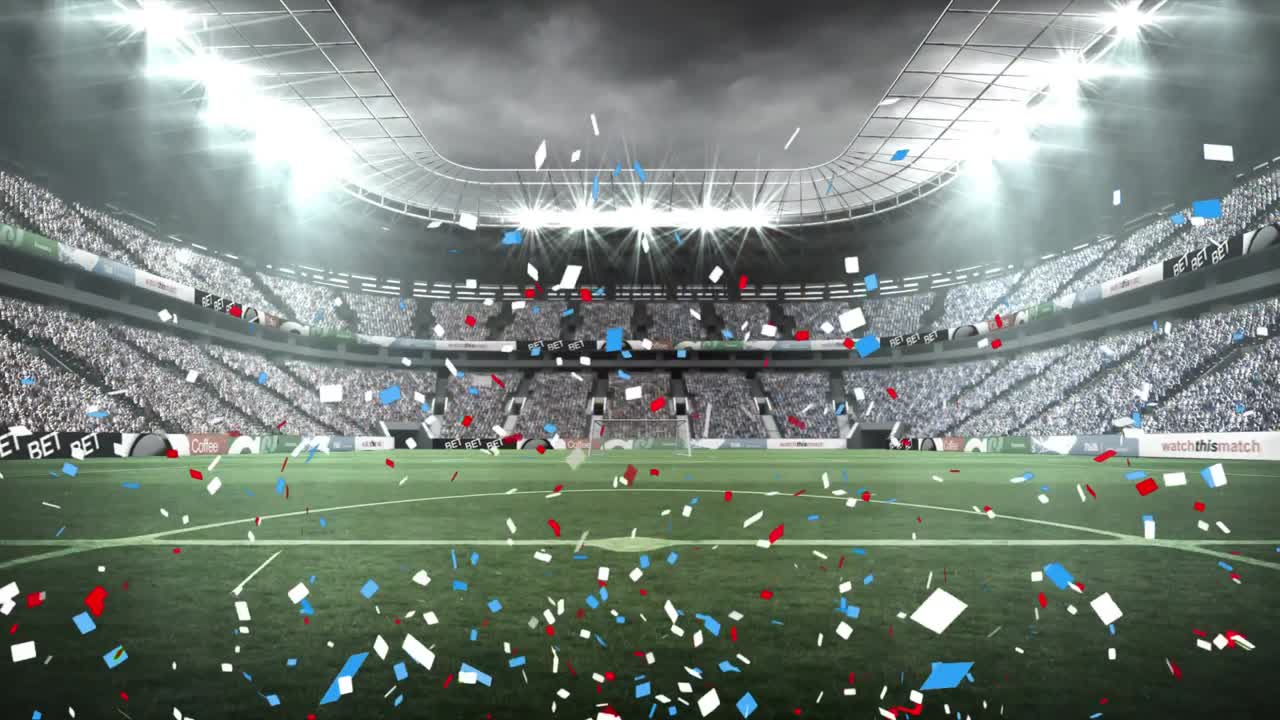 다채로운 콘페티가 경기장 뒤에 떨어지는 디지털 복합 비디오