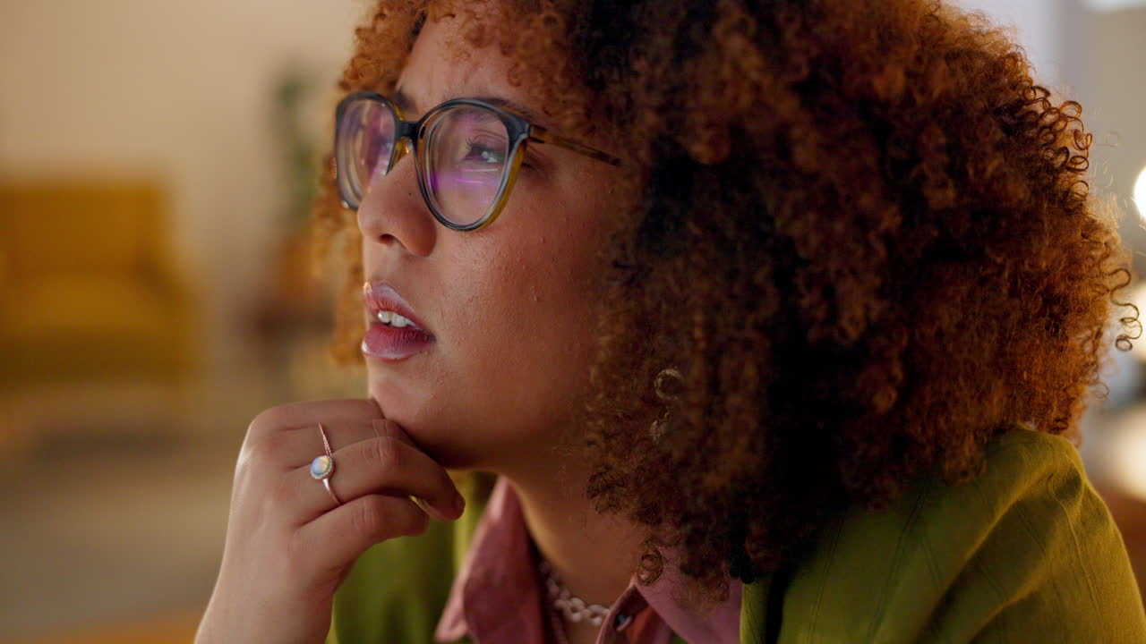 Black woman, face or confused in night office