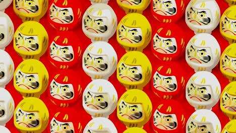 3 colores muñecas daruma en fondo rojo. animación de bucle capaz para el fondo.