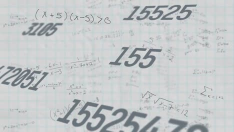 animation of changing numbers and mathematical equations against square lined paper background