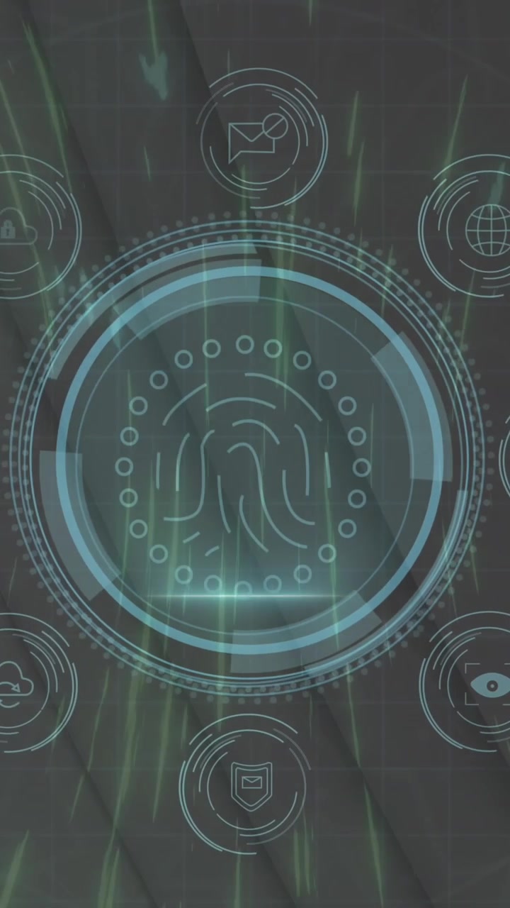 Animation of fingerprint, icon in circles, data protection text, high angle view of staircase