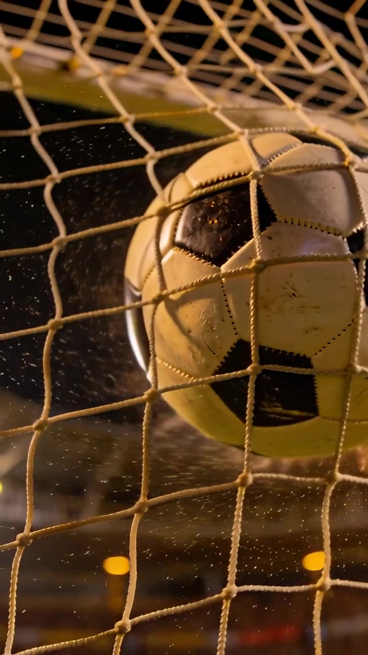 Dikey video: Şut sonrası, ışıklar altında ağlara çarpan ve sıçrayan sarı-siyah futbol topu