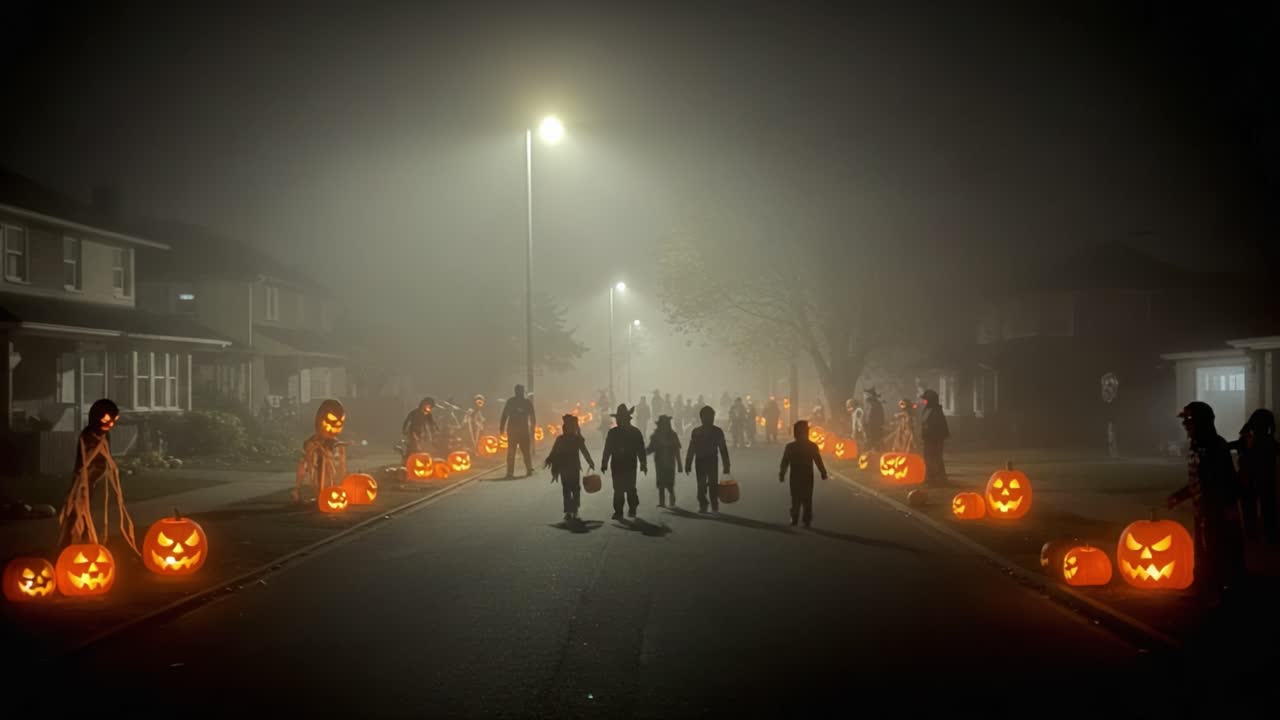 A Mysterious Halloween Night Walk: Revelers in Costumes Stroll Through a Foggy Street Adorned with Spooky Jack-o'-Lanterns and Eerie Atmosphere