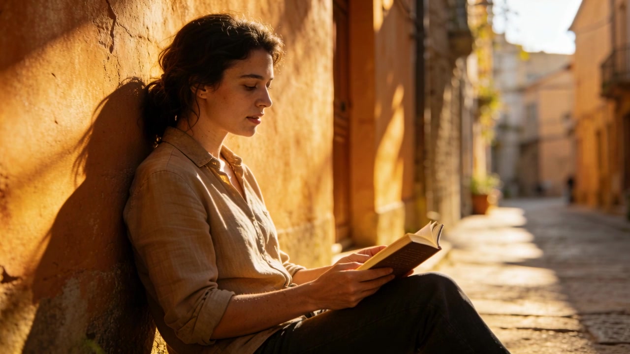 Donna che apre un libro tascabile, legge e gira le pagine, appoggiata a un muro intonacato illuminato dal sole in un vicolo.