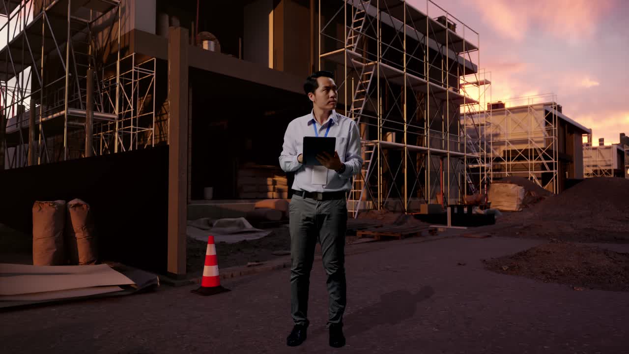 Full Body Side View Of An Asian Male Professional Worker At Construction Site in Progress to New House, Observes By Looking Up Before He Come To Concentrating On The Tablet And Keep On Typing