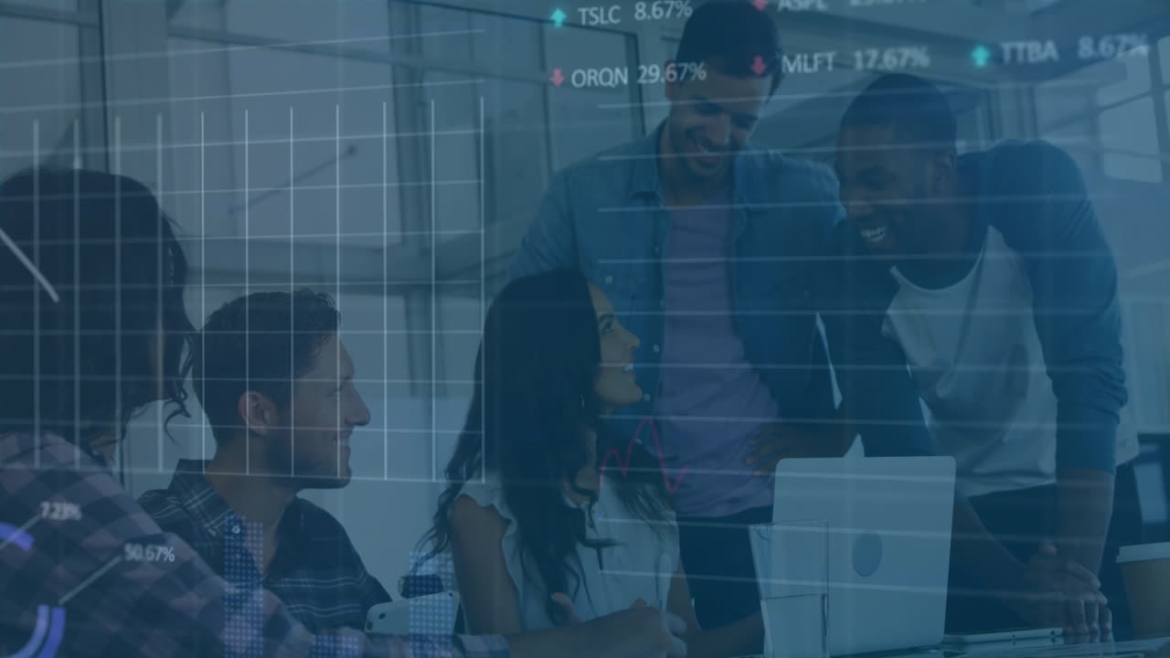 Animation of data processing and diagrams over diverse colleagues discussing work