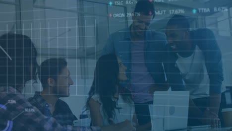 animation of data processing and diagrams over diverse colleagues discussing work