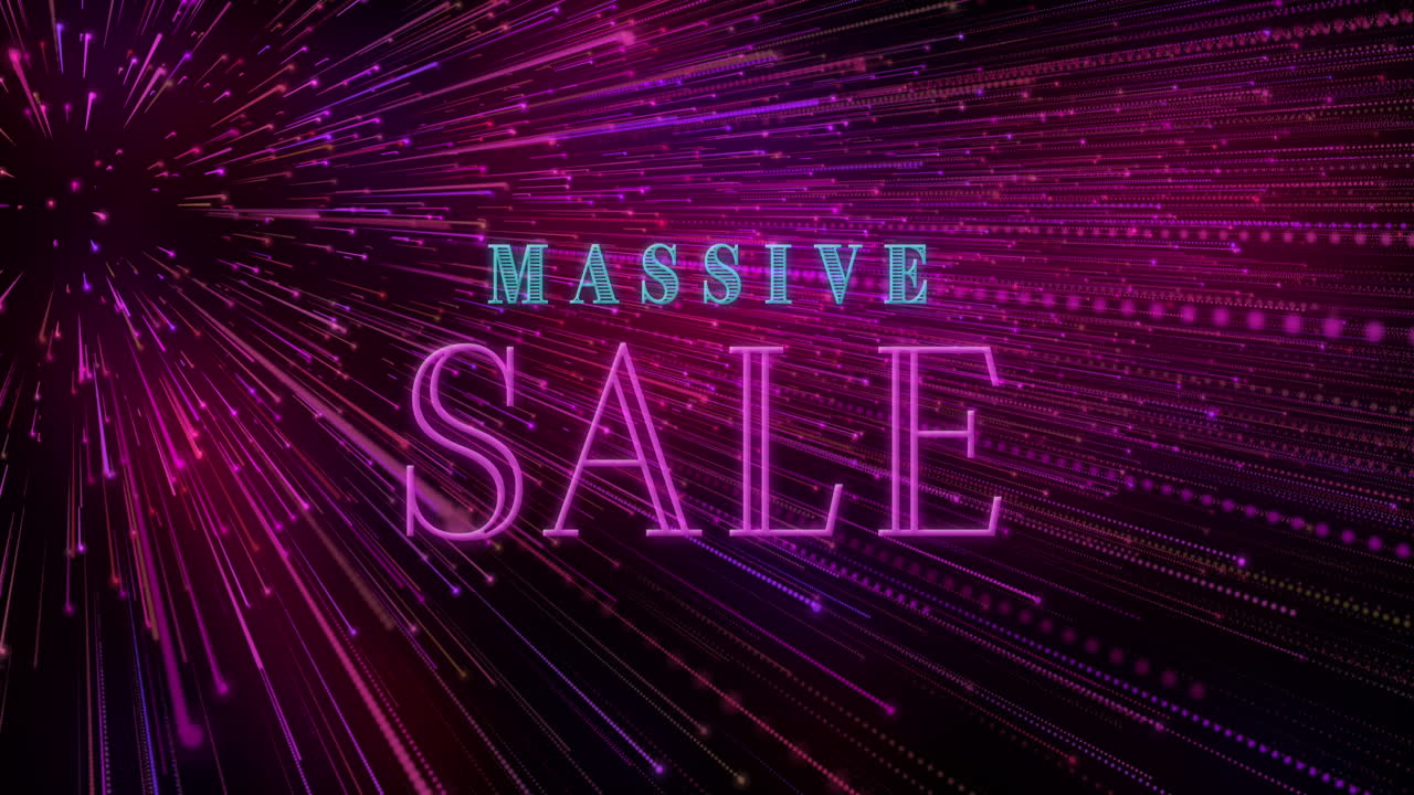 보라색 배경에 매 없는 패턴으로 빛의 흔적 위에 거대한 판매 텍스트 배너의 애니메이션