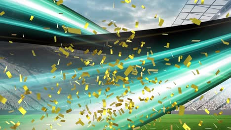 Animation-of-gold-confetti-falling-over-green-light-trails-in-sports-stadium