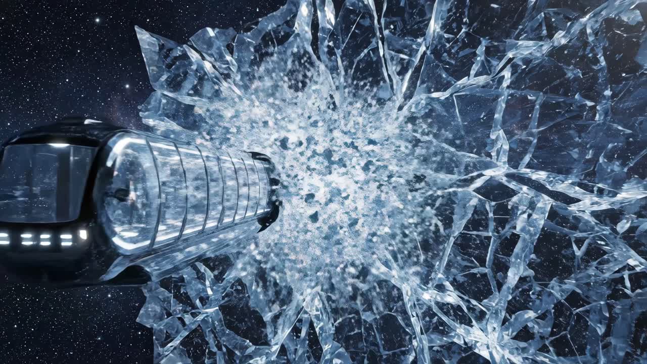 Vehicle Breaking Through Ice in Space