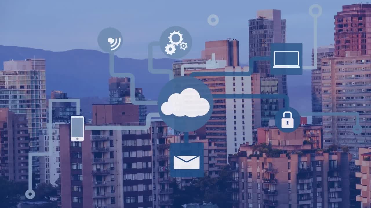 Animation of technology icons over cityscape