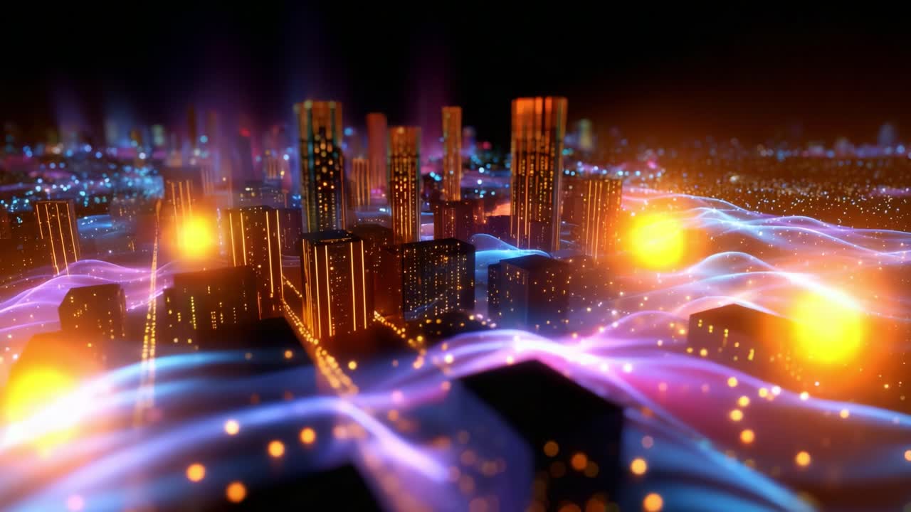 A breathtaking aerial view of a futuristic cityscape, illuminated by vibrant neon colors and dynamic light waves, showcasing the harmony of urban architecture and technology in a mesmerizing night scene