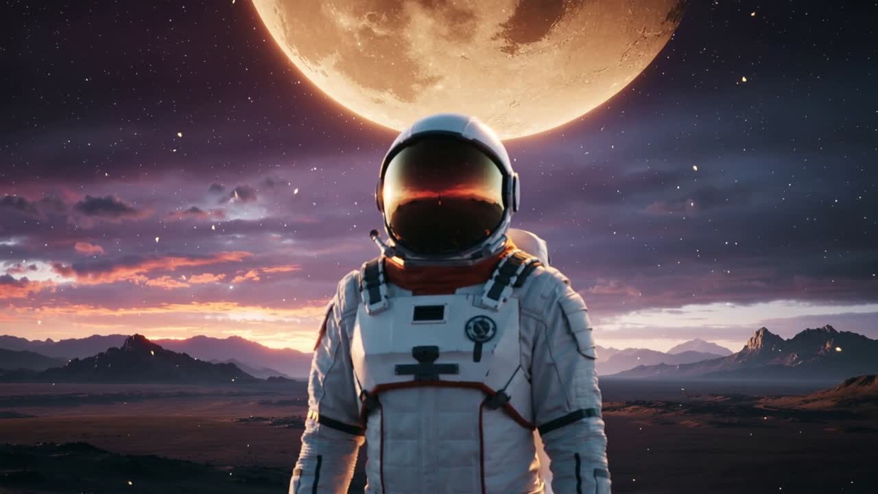 Kameraet bevæger sig tættere på, hjelmklædt astronaut drejer hjelmen og ser visirrefleksion på stenet slette