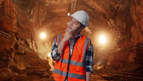 asian male engineer with safety helmet thinking and looking around then raising his index finger while standing in underground mine tunnel