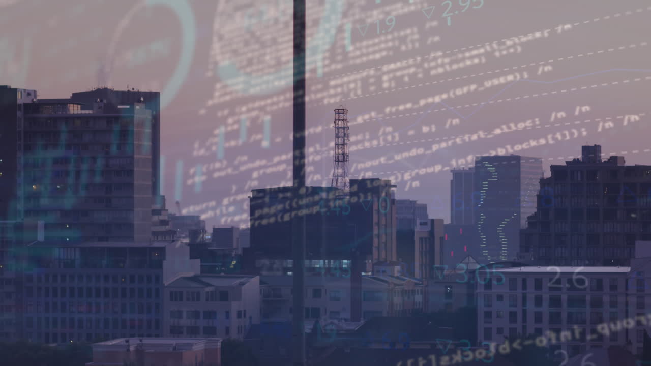 Animation of statistical data processing over aerial view of cityscape