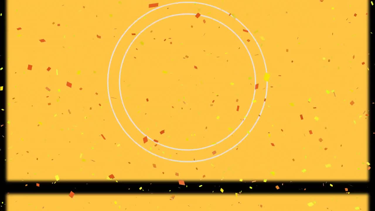 animación digital del efecto del carrete de película sobre el confeti que cae contra un fondo amarillo
