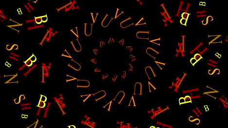 abstract circles of rotating letters on black