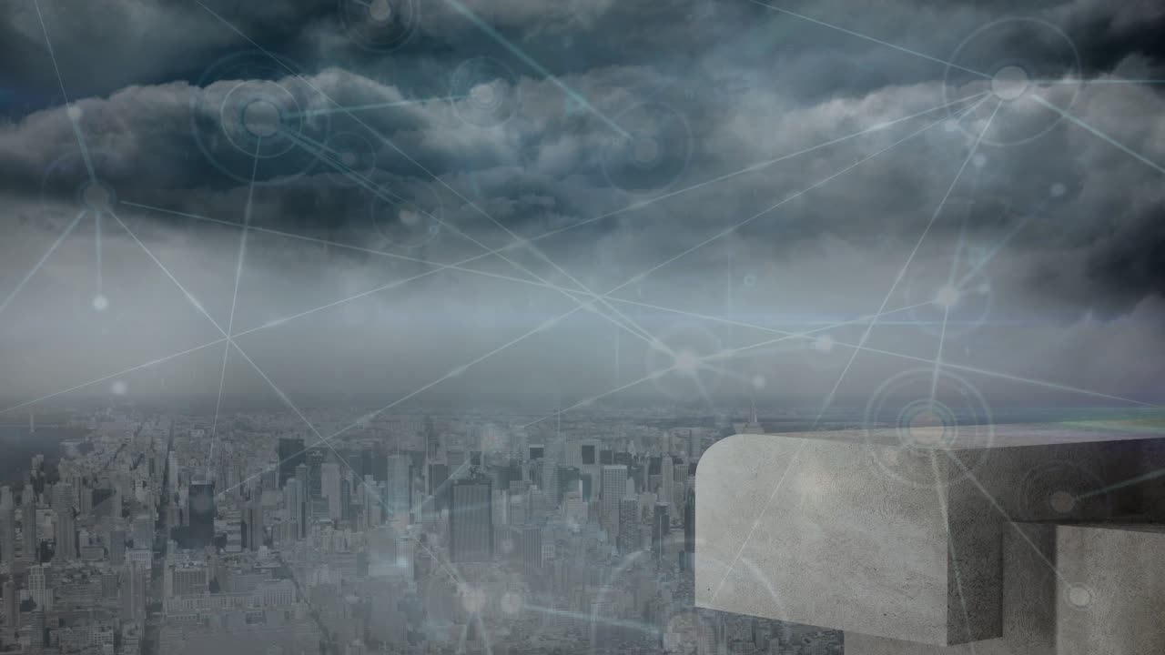 Network of connections against view of dark clouds over cityscape