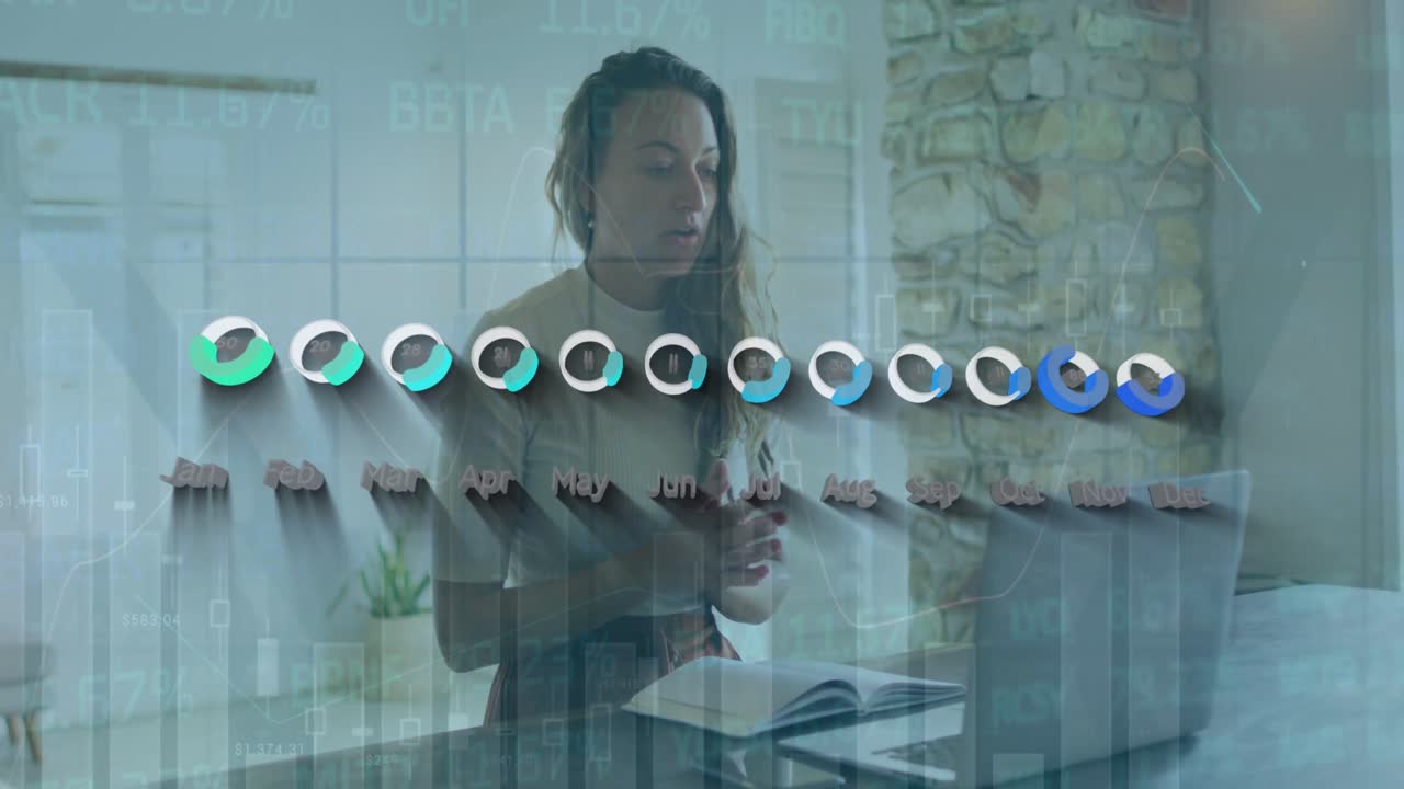 animación de gráficos sobre una adolescente caucásica que tiene lecciones en línea en su portátil