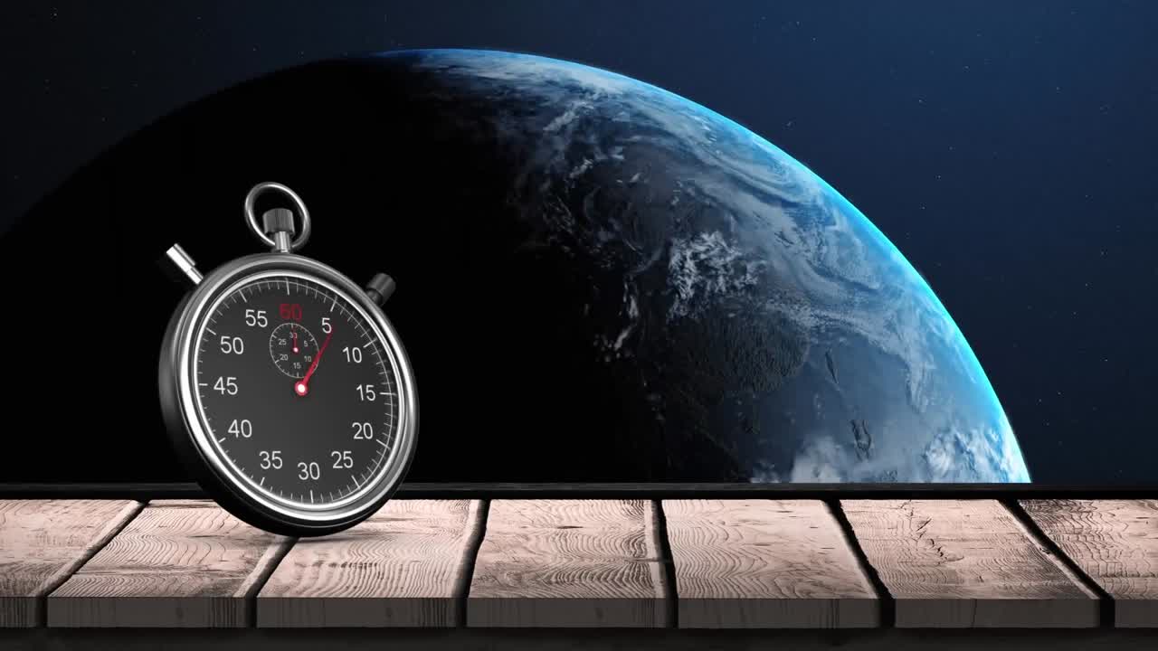 Animation eines Ladekreises und eines Stoppers auf einer Holzoberfläche über einem im Weltraum rotierenden Globus