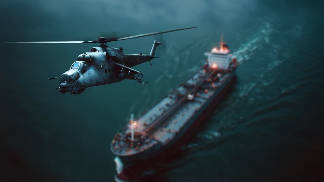 Elicottero militare in bilico vicino a una grande nave cisterna di notte. La nave risplende di luci tra le scure onde dell'oceano. L'elicottero appare vigile, scandagliando attentamente la nave.