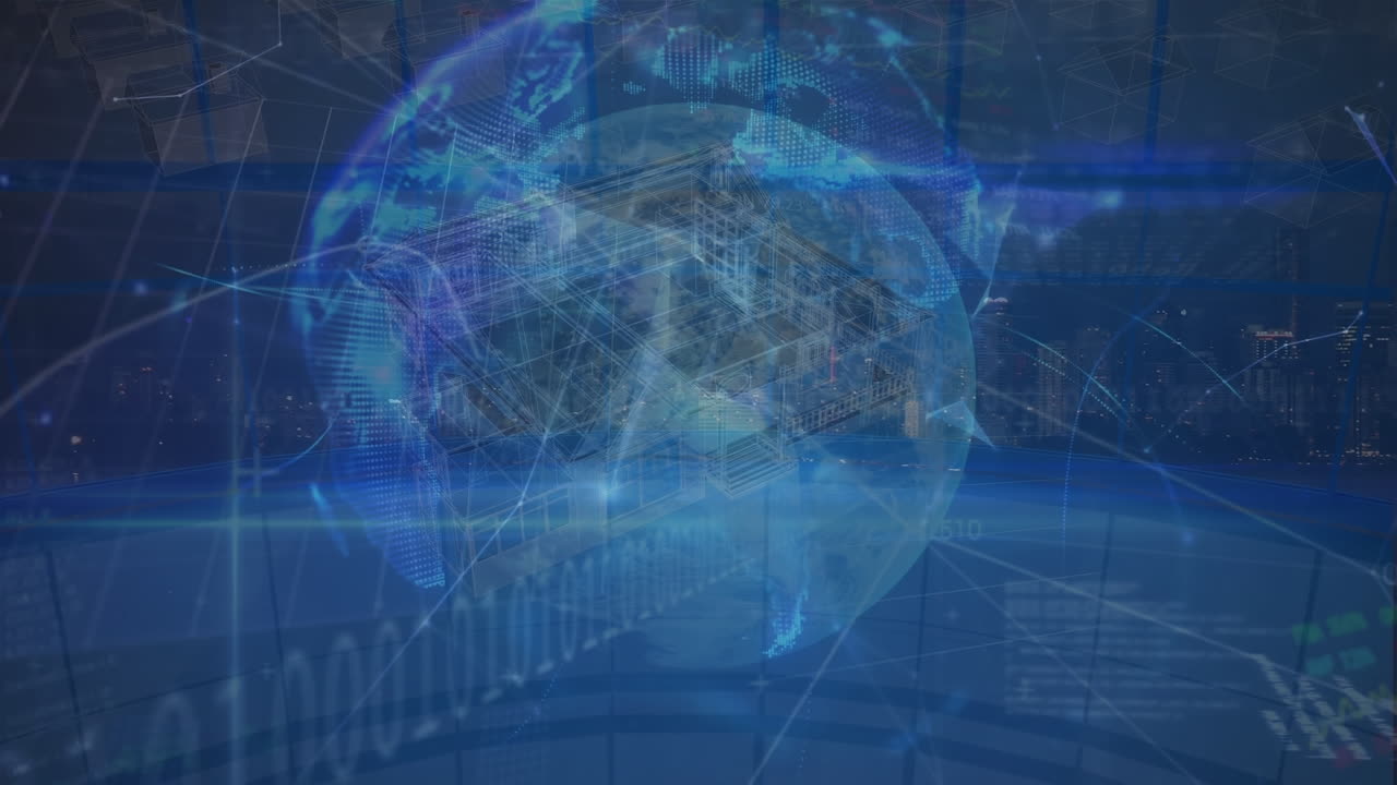 주택의 애니메이션, 데이터 처리 및 해군 배경에 세계와 연결의 네트워크