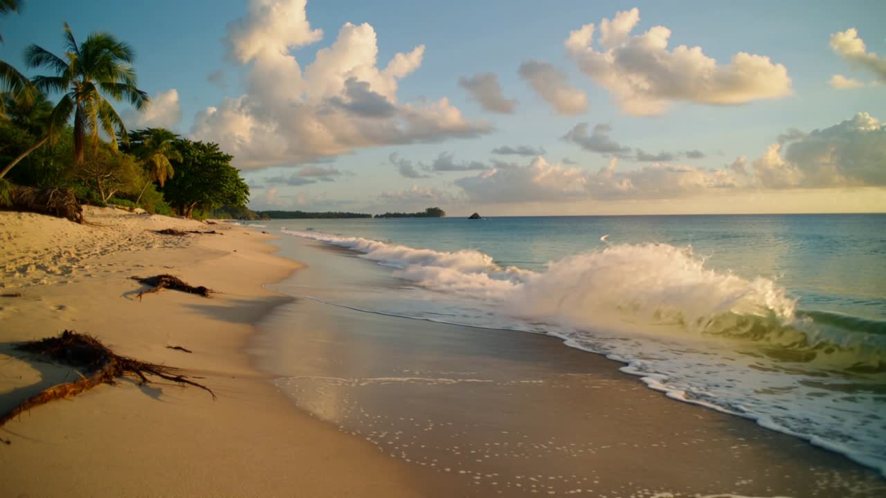 Grandes ondas impulsionadas pela maré se aproximando e quebrando na praia, deixando espuma perto de troncos e palmeiras.