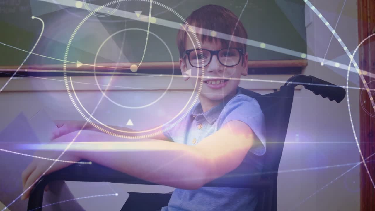 Boy sitting in wheelchair shifting purple folder activating swirling overlay during classroom study