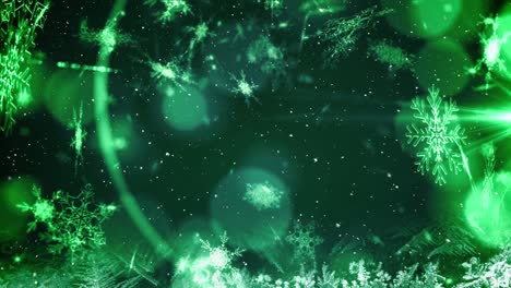 Animation-of-snow-falling-and-glowing-spots-on-green-background