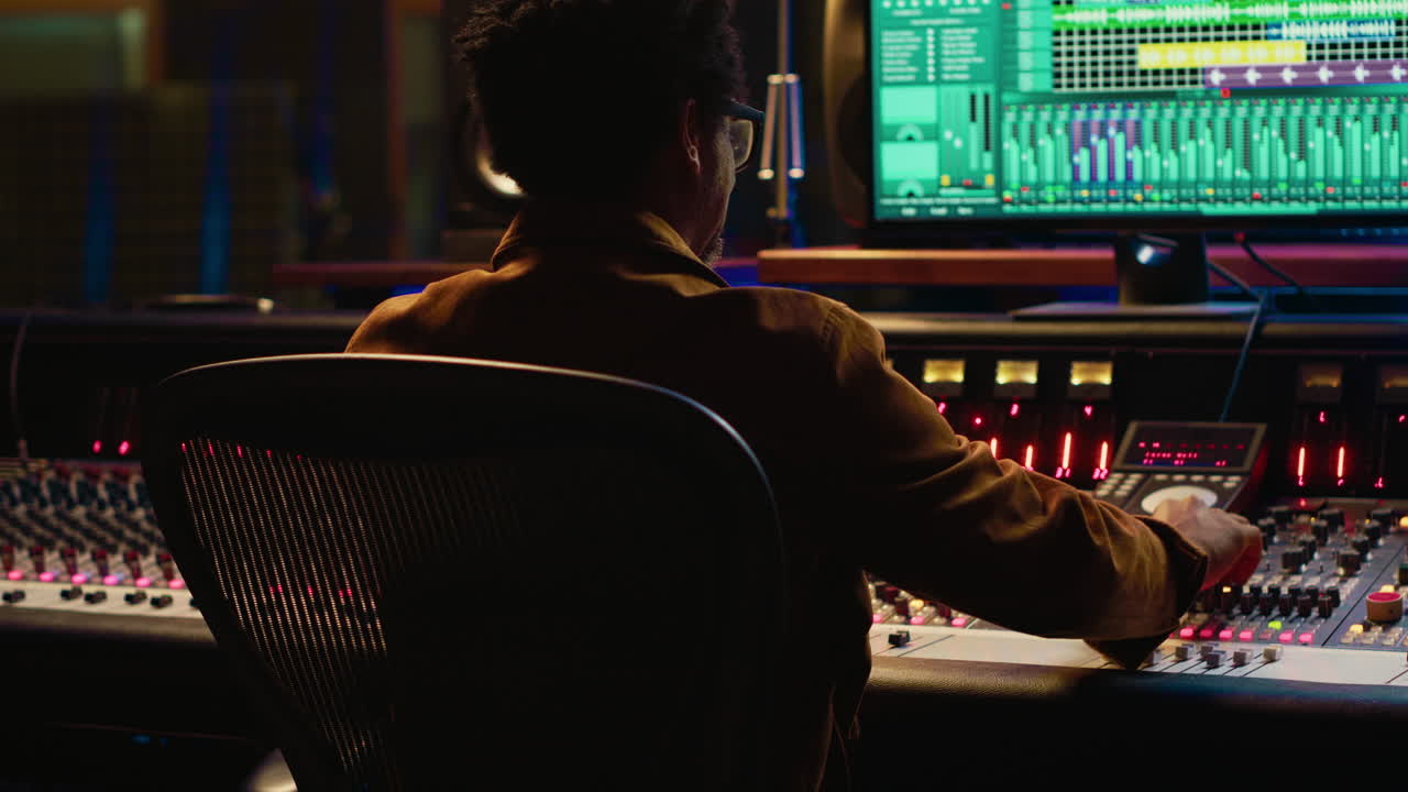 Sound designer relaxing on studio chair after mixing and mastering tracks