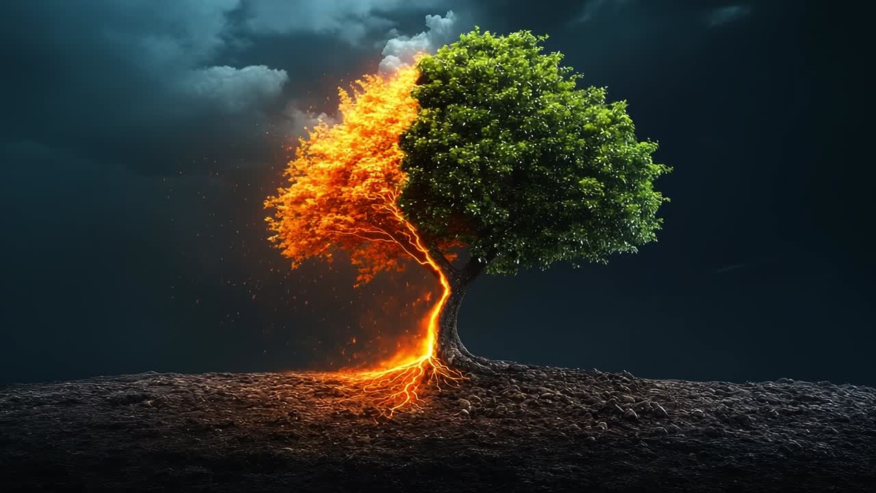 Tree of life. A striking tree displays half vibrant green leaves and half fiery orange, symbolizing growth and change in nature.