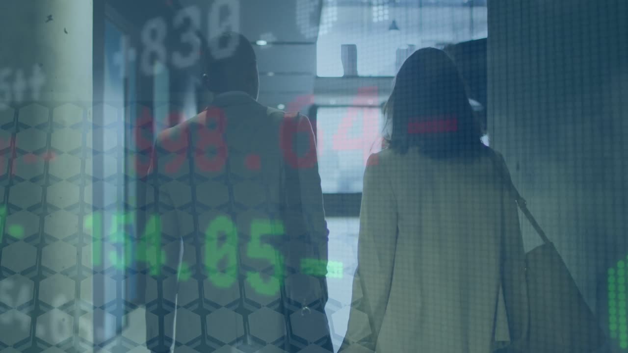 Animation of trading board over rear view of diverse coworkers discussing while walking in corridor