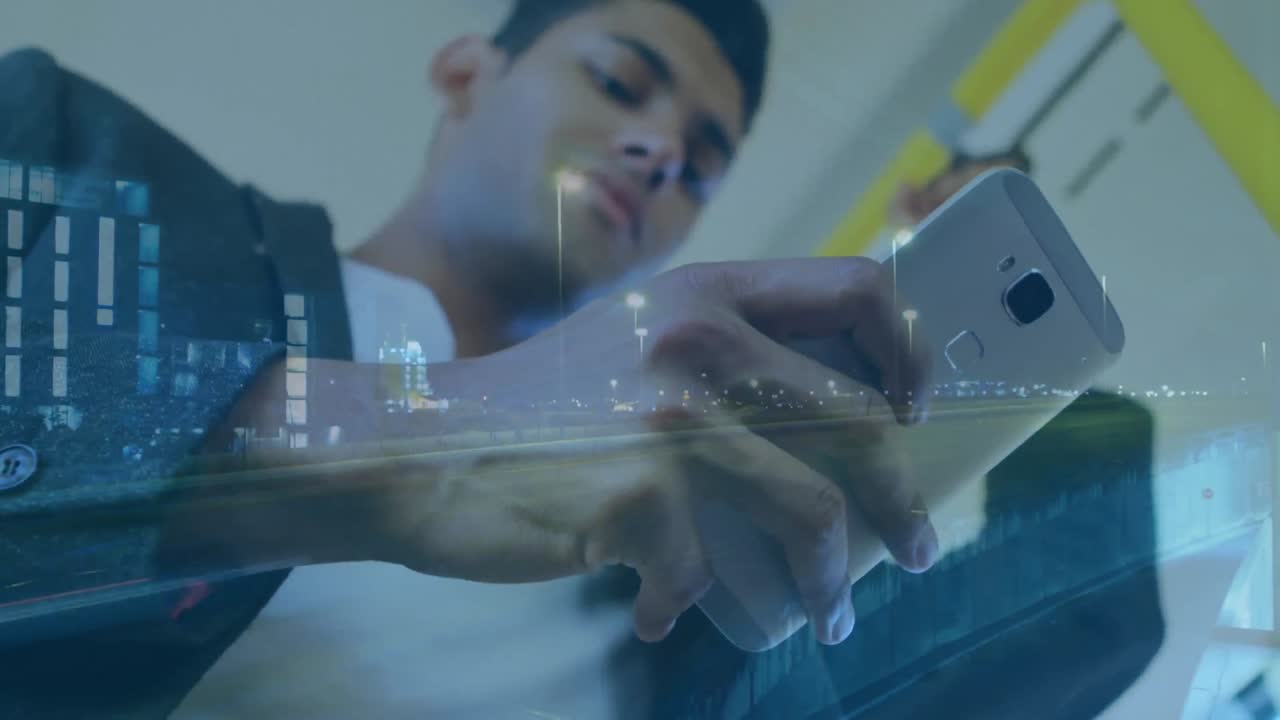 animación de un hombre usando un teléfono inteligente sobre el paisaje urbano