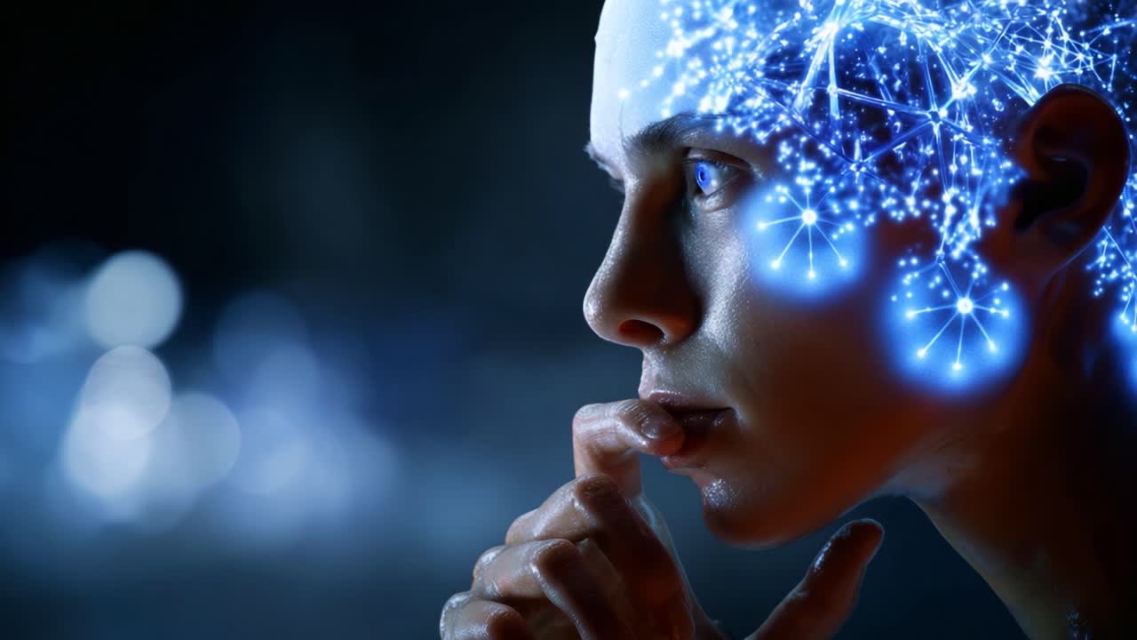 Futuristic Portrait of a Human with Digital Brain Connections Illuminating Creativity and Thought, Representing the Intersection of Technology and Humanity