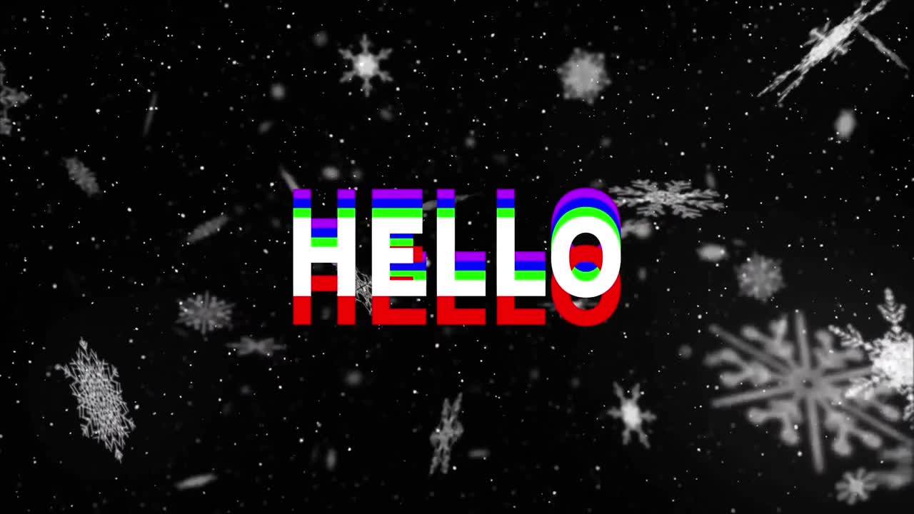 animación de hello sobre copos de nieve sobre fondo negro