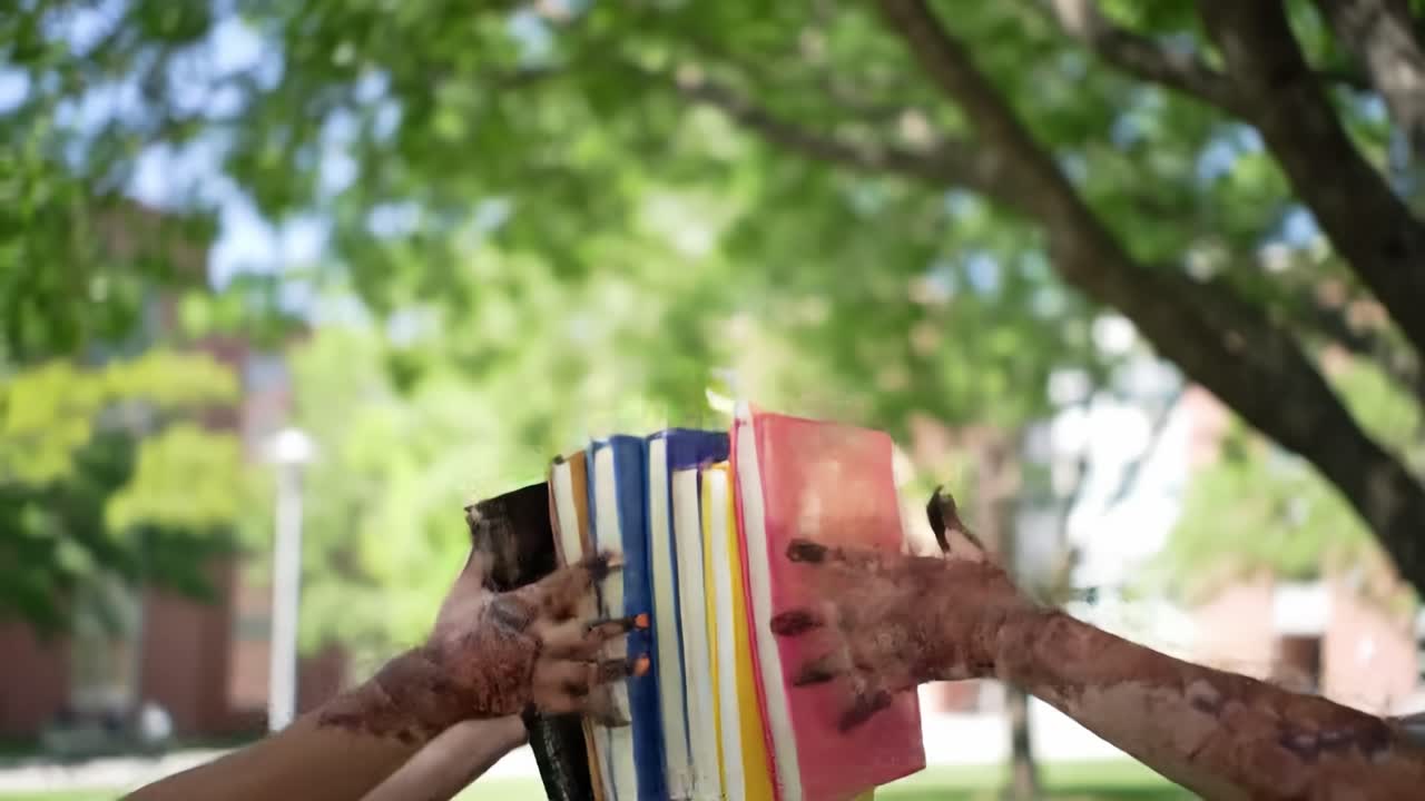 A group of students with henna designs on their hands joyfully toss colorful notebooks into the air in a lively outdoor environment. Their celebration reflects achievement and camaraderie.