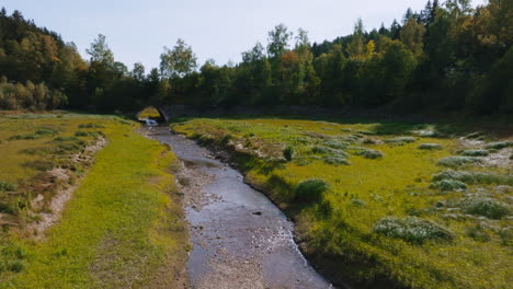 Deutsche-Natur---Entlang-Eines-Kleinen-Baches-Fliegen,-Der-Im-Alljährlichen-Herbst-Durch-Grasbewachsene-Wiesen-Fließt-Und-Auf-Die-Brücke-Zusteuert