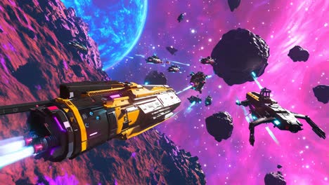 space battle in a colorful nebula