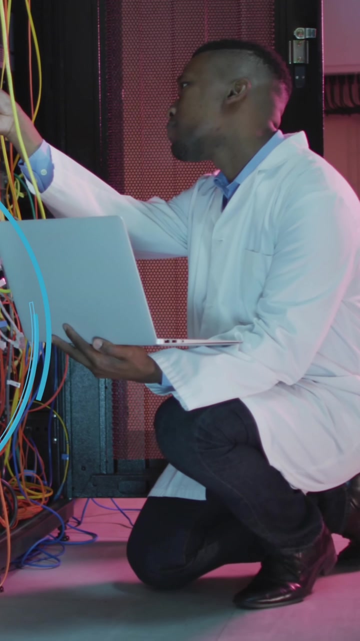 Animation of data processing over african american male it engineer and computer servers
