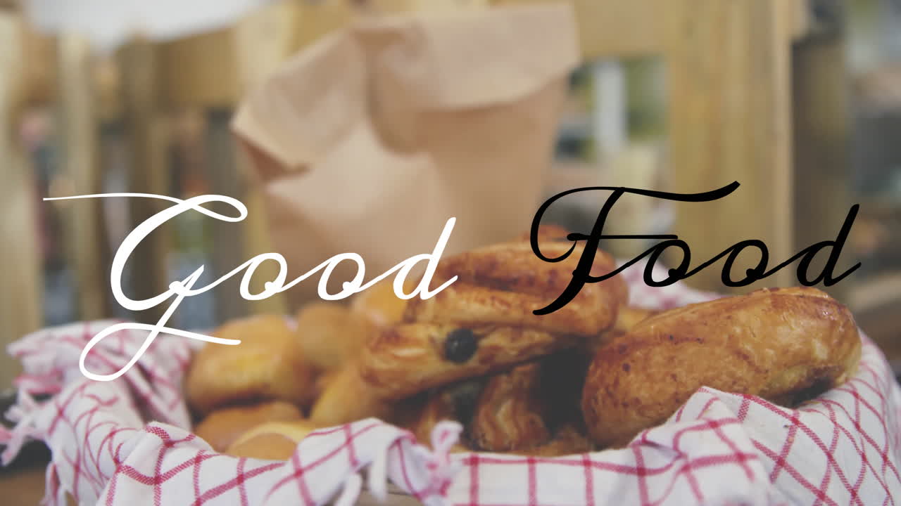 다양한 베이킹 상품의 바구니 위에 좋은 음식 텍스트 애니메이션