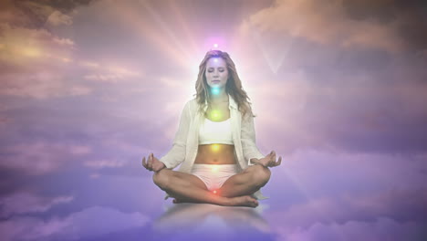 animation of glowing light over woman practicing yoga against clouds and sky