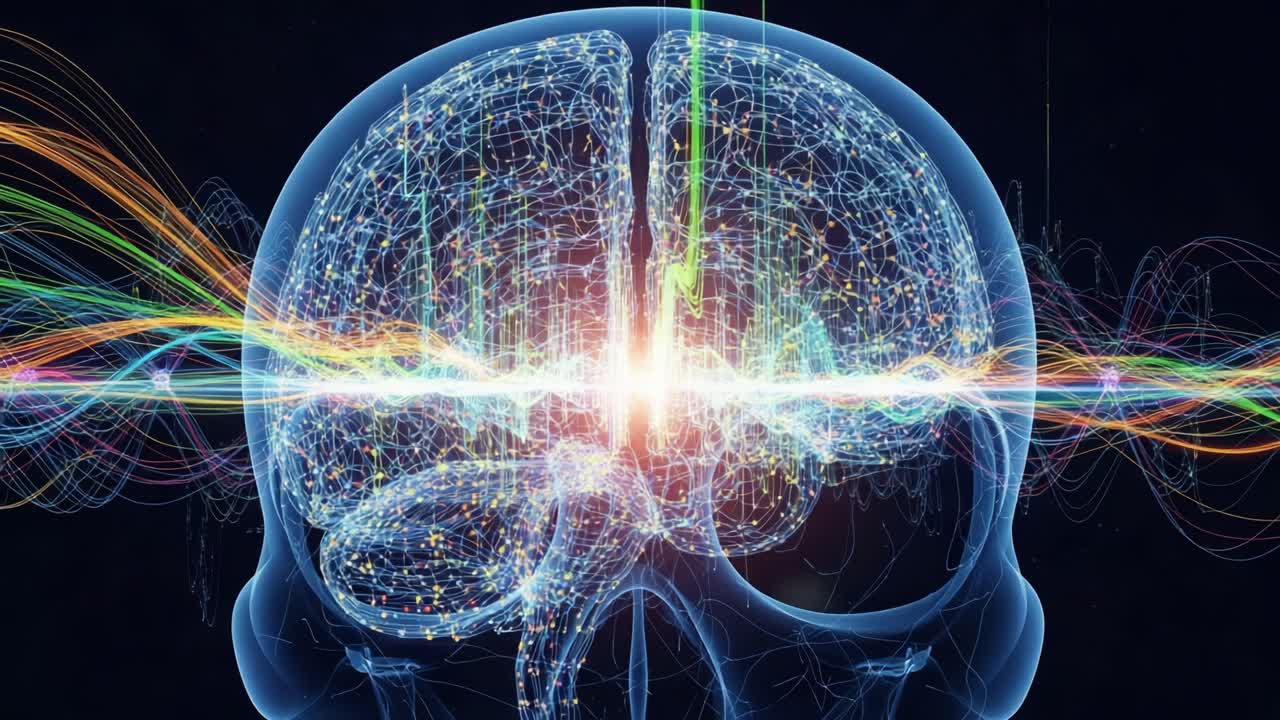 An Artistic Visualization of the Human Brain, Featuring Dynamic Neural Activity, Colorful Waves of Information, and a Light Core Representing Cognitive Processes