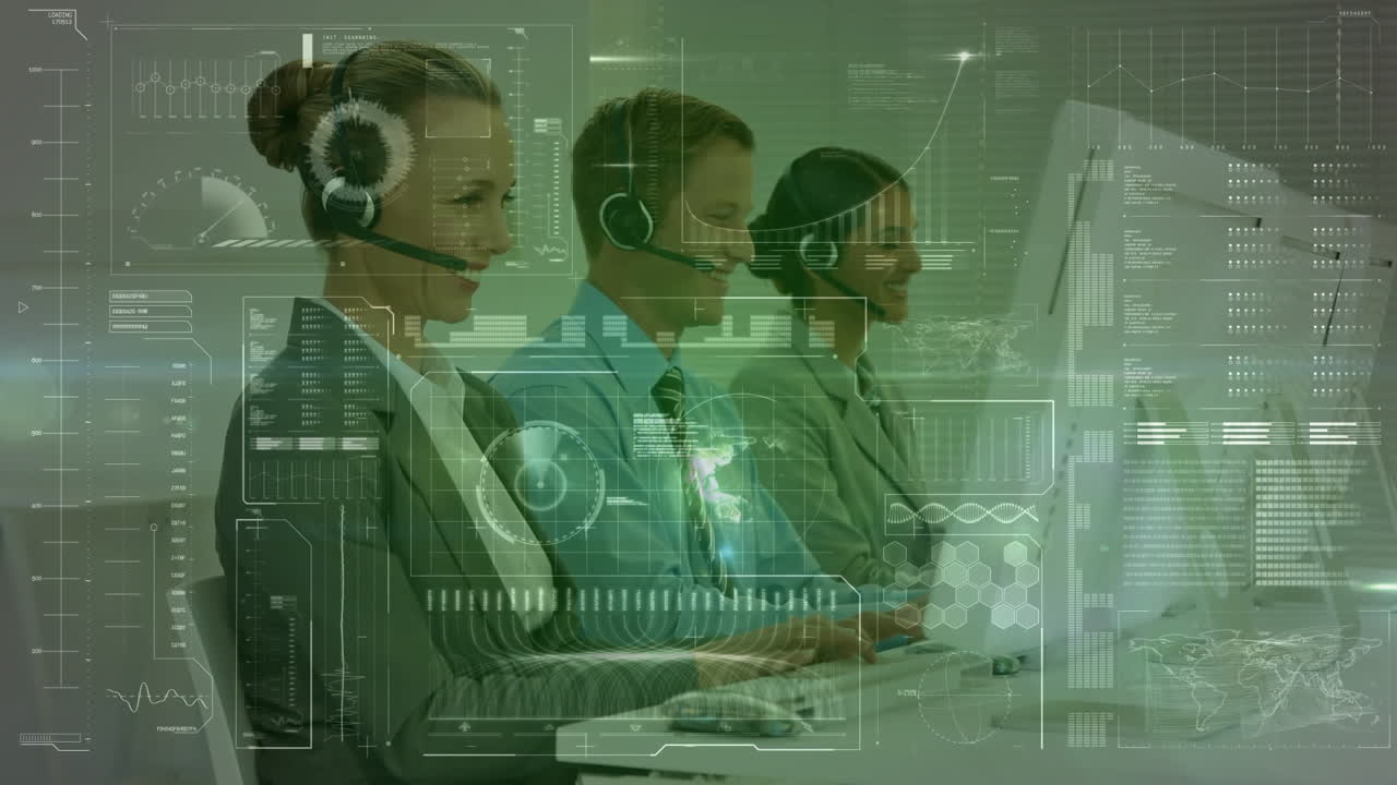 사무실에서 일하는 사업가들에 대한 금융 데이터 처리 활성화